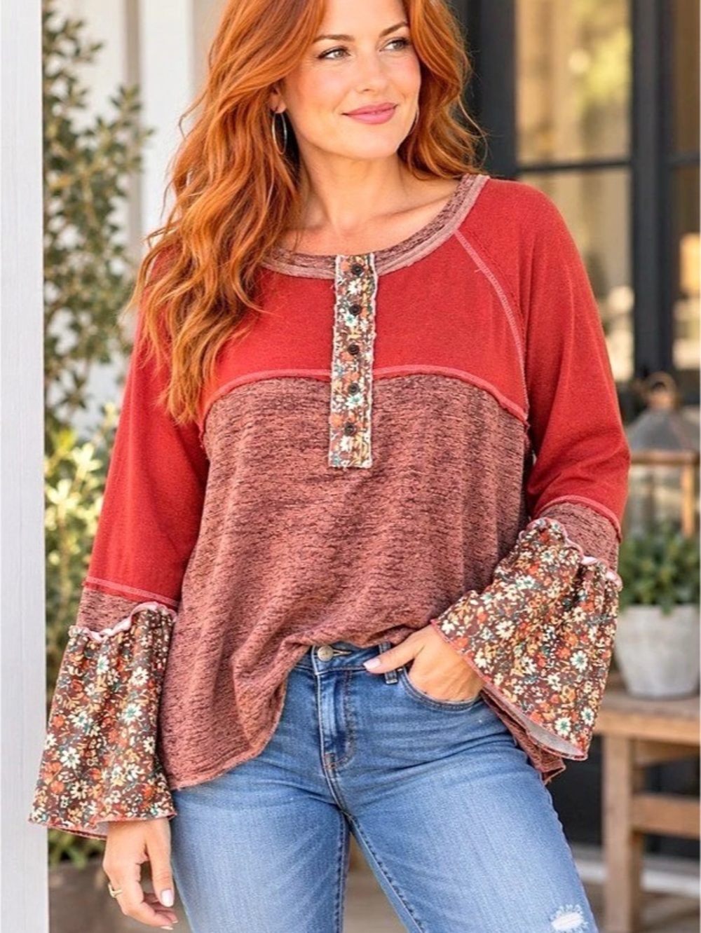 POL Floral Tunic boho rust Red & Brown Size Small Like New